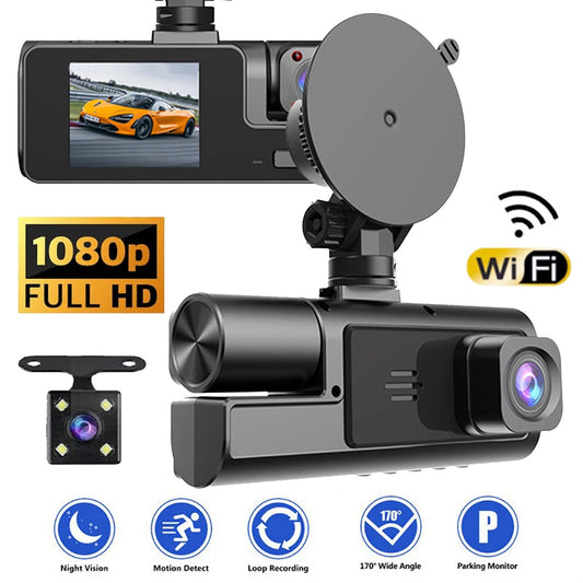 1080P Car Dash Cam 3 Channel Front Rear and Inside with WiFi